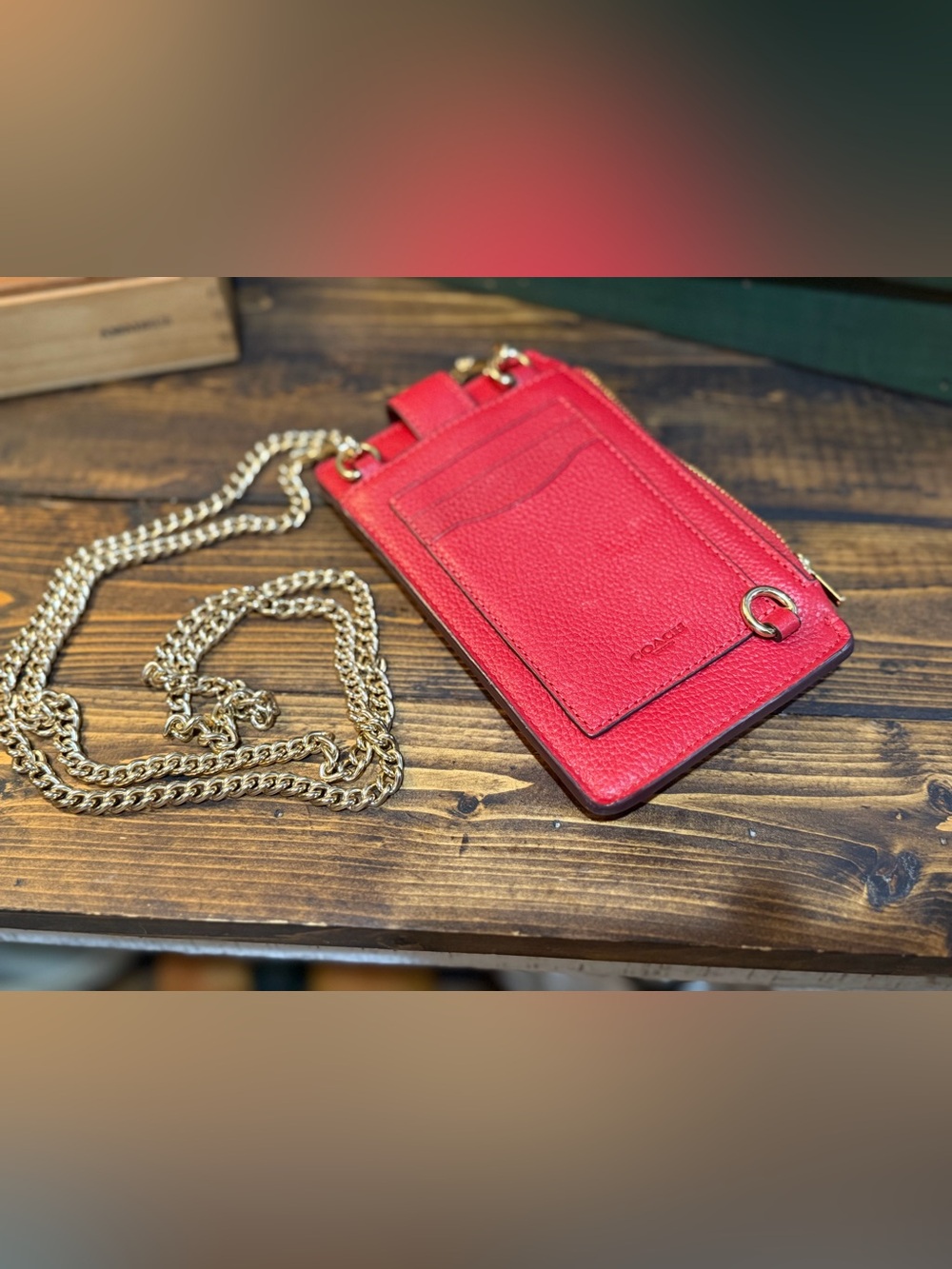 Coach Red Pebbled Leather Crossbody Card Holder / phone holder with Gold Chain